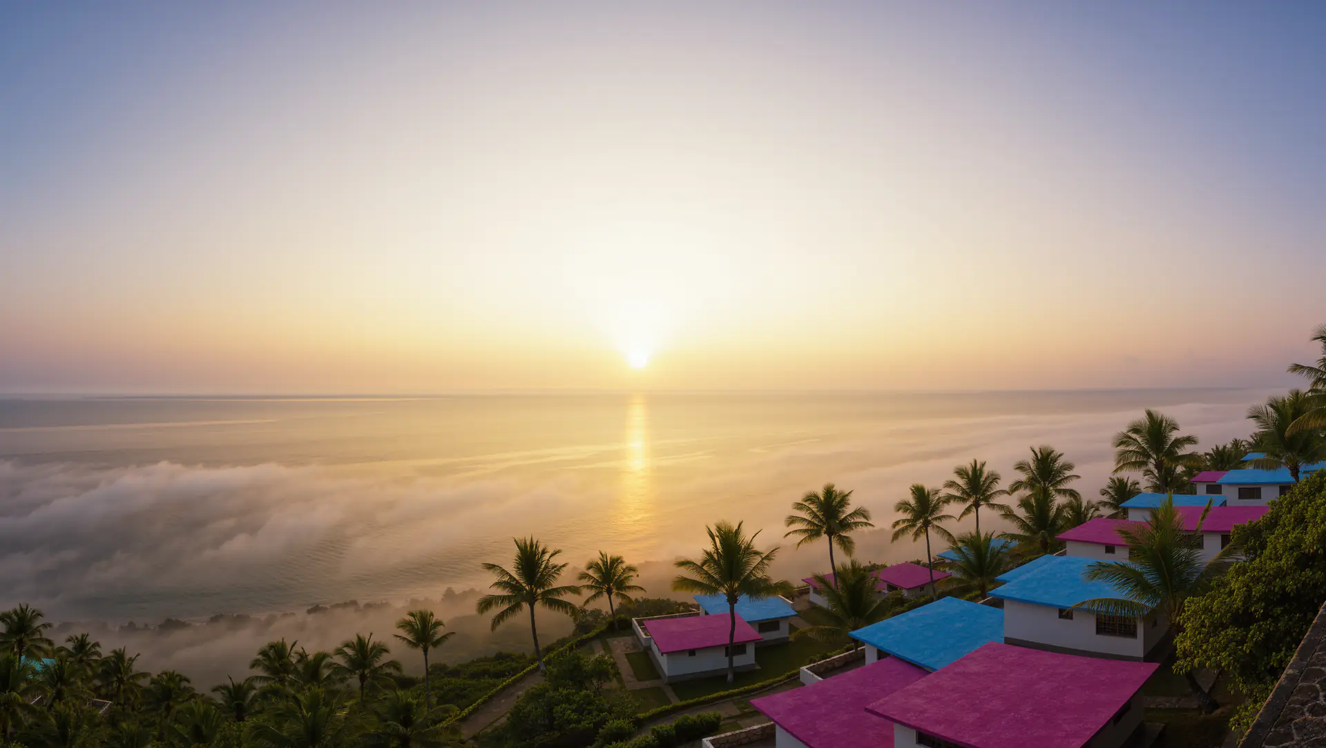 La bahía de Acapulco al amanecer, con casas de colores recién pintadas entre palmeras.