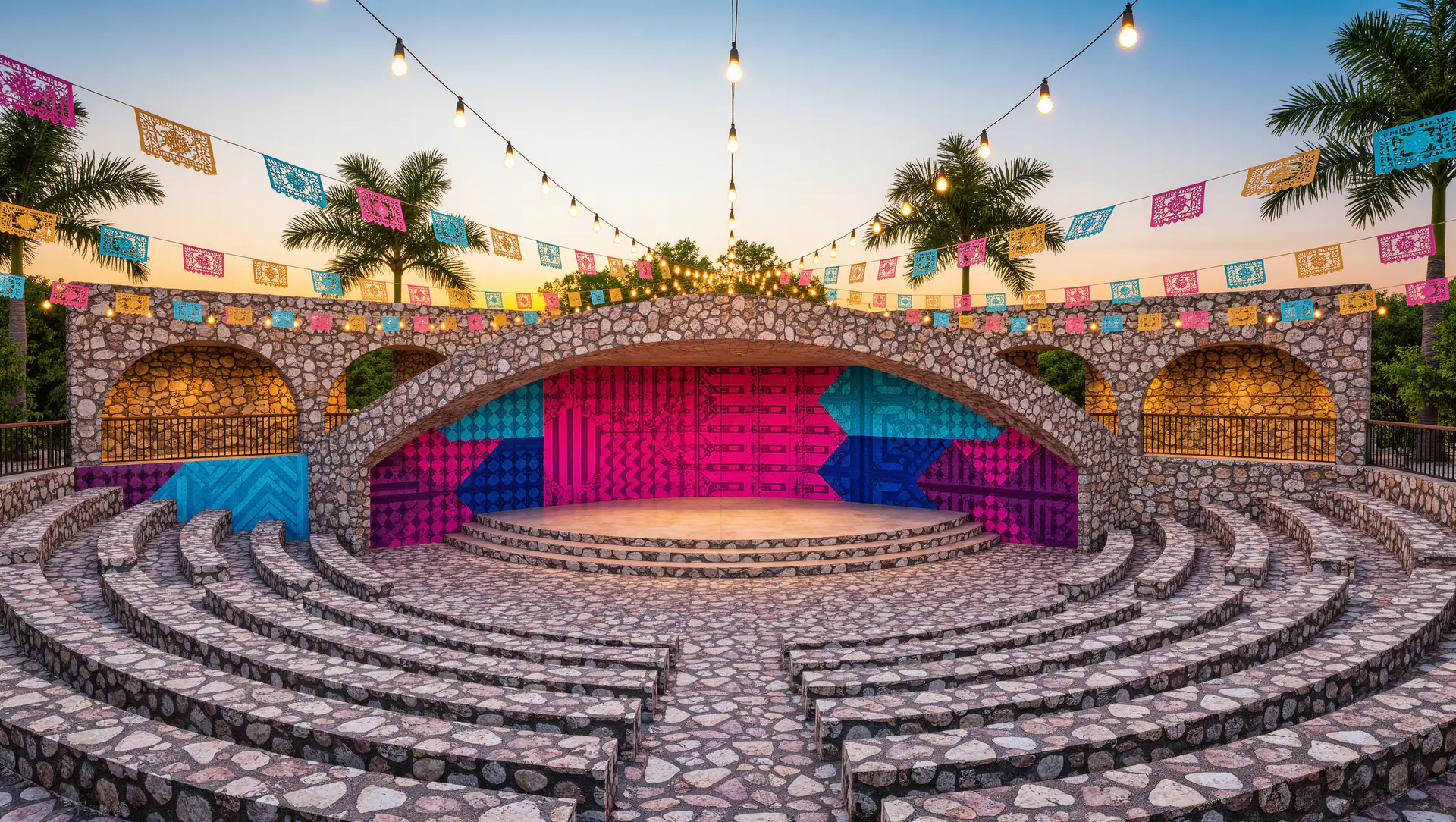 Visualización de un centro cultural: un foro al aire libre de piedra con murales de colores y papel picado.