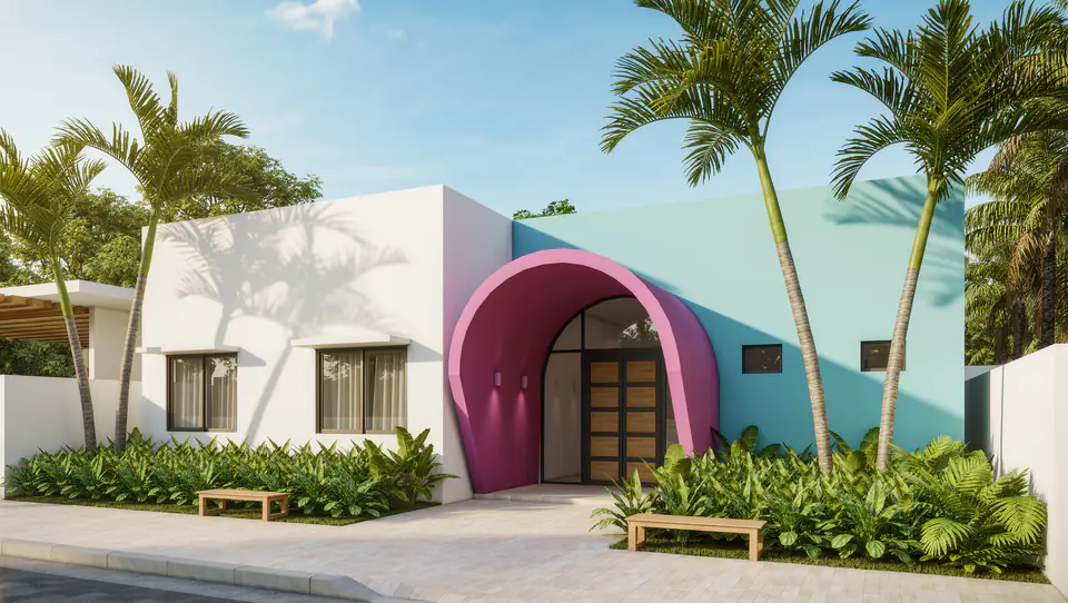 Visualization of a health center: a white and blue building with a pink entrance and a garden.