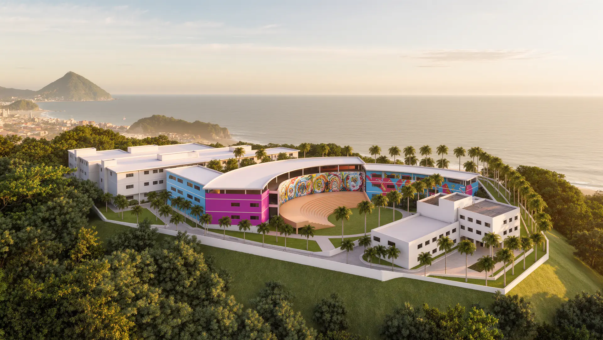 Visualización de los centros que soñamos: un centro educativo, un foro cultural y una clínica sobre una colina frente a la bahía de Acapulco.