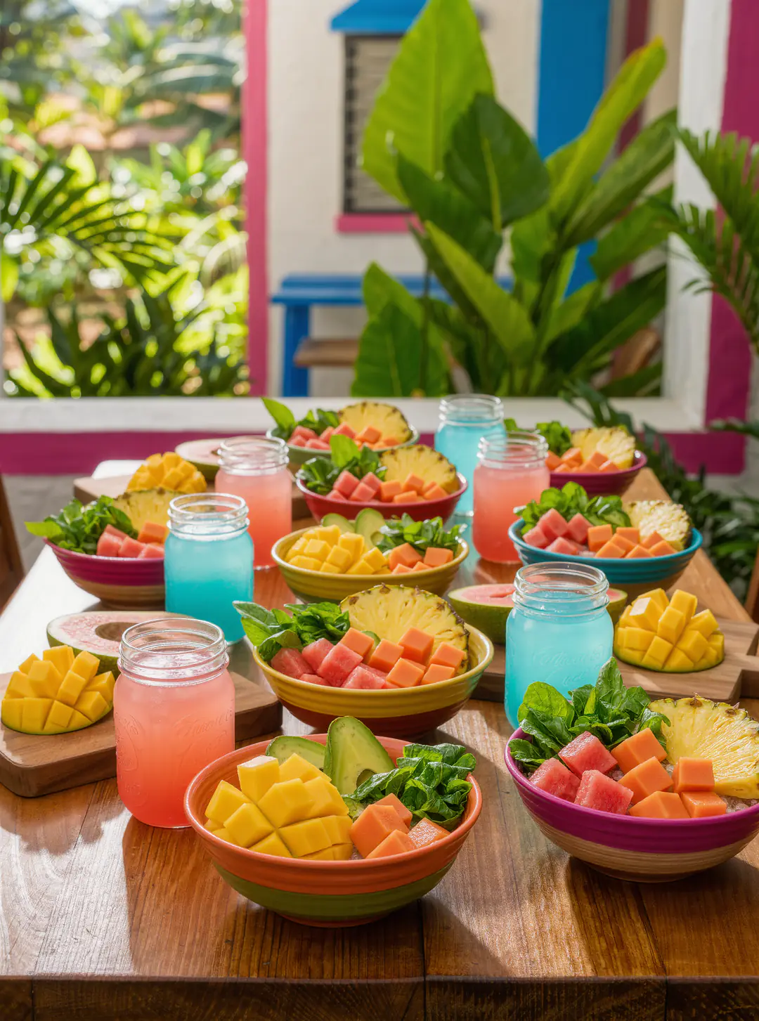 Taller de nutrición: tazones de fruta fresca y aguas frescas de colores sobre una mesa de madera.