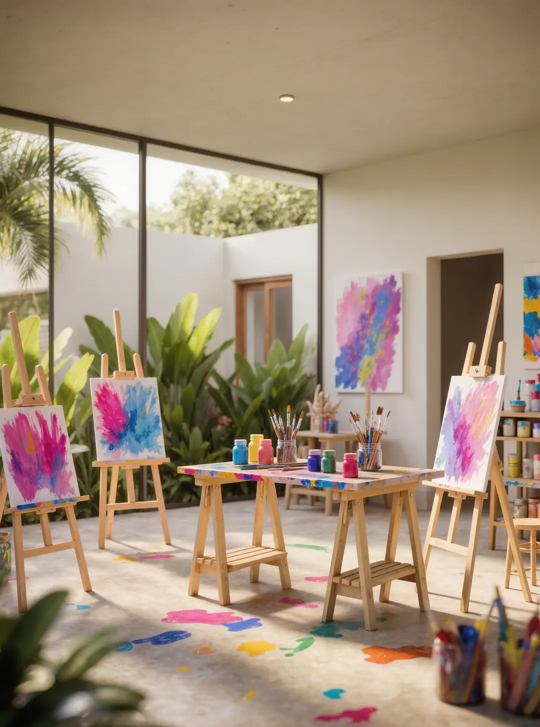 Taller de pintura: caballetes con cuadros de colores, frascos de pintura y pinceles junto a una ventana con luz.
